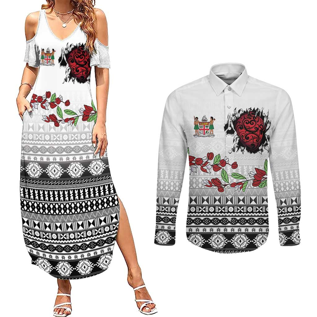 Fiji Heart Tribal Personalised Couples Matching Summer Maxi Dress and Long Sleeve Button Shirt Polynesian Patterns LT9 White - Polynesian Pride