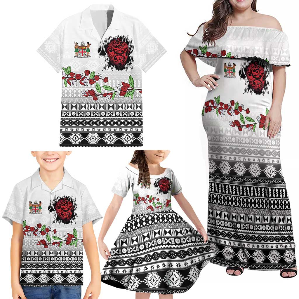 Fiji Heart Tribal Personalised Family Matching Off Shoulder Maxi Dress and Hawaiian Shirt Polynesian Patterns LT9 - Polynesian Pride