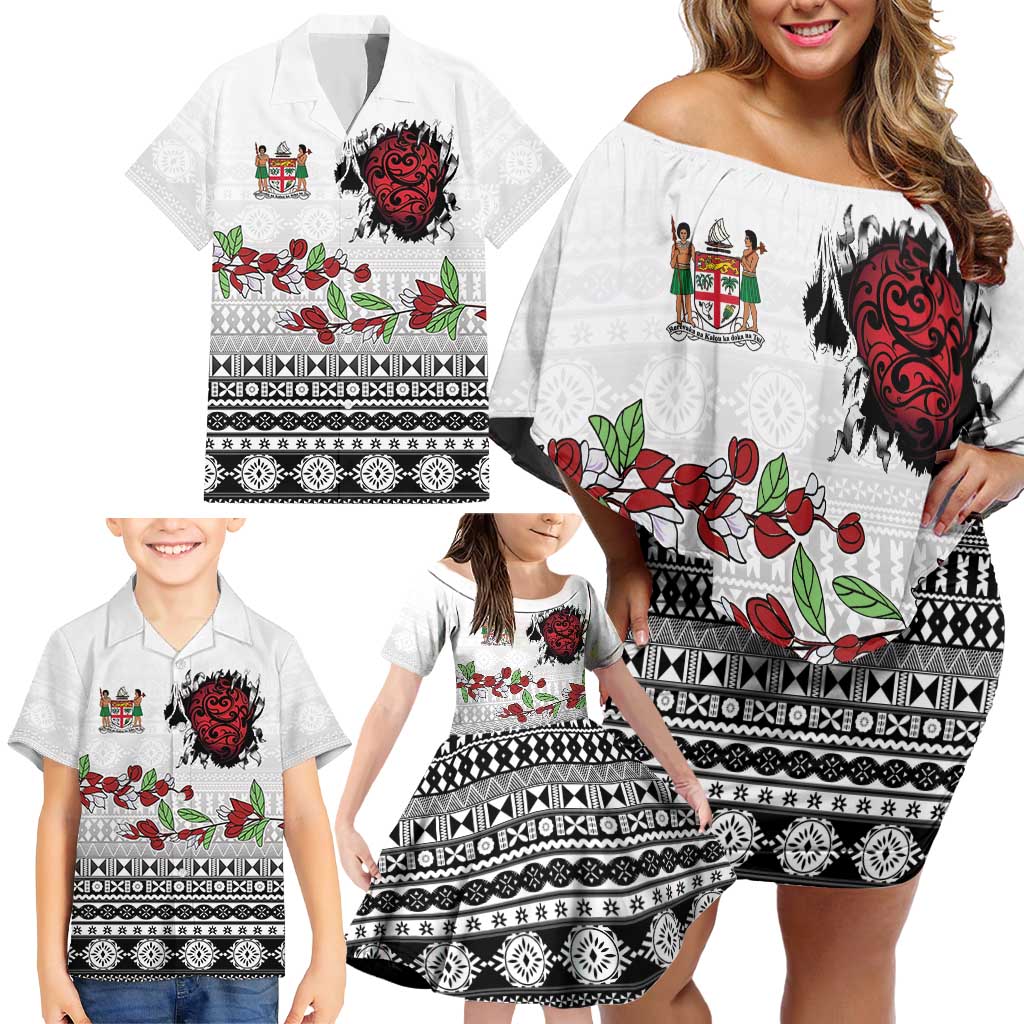 Fiji Heart Tribal Personalised Family Matching Off Shoulder Short Dress and Hawaiian Shirt Polynesian Patterns LT9 - Polynesian Pride