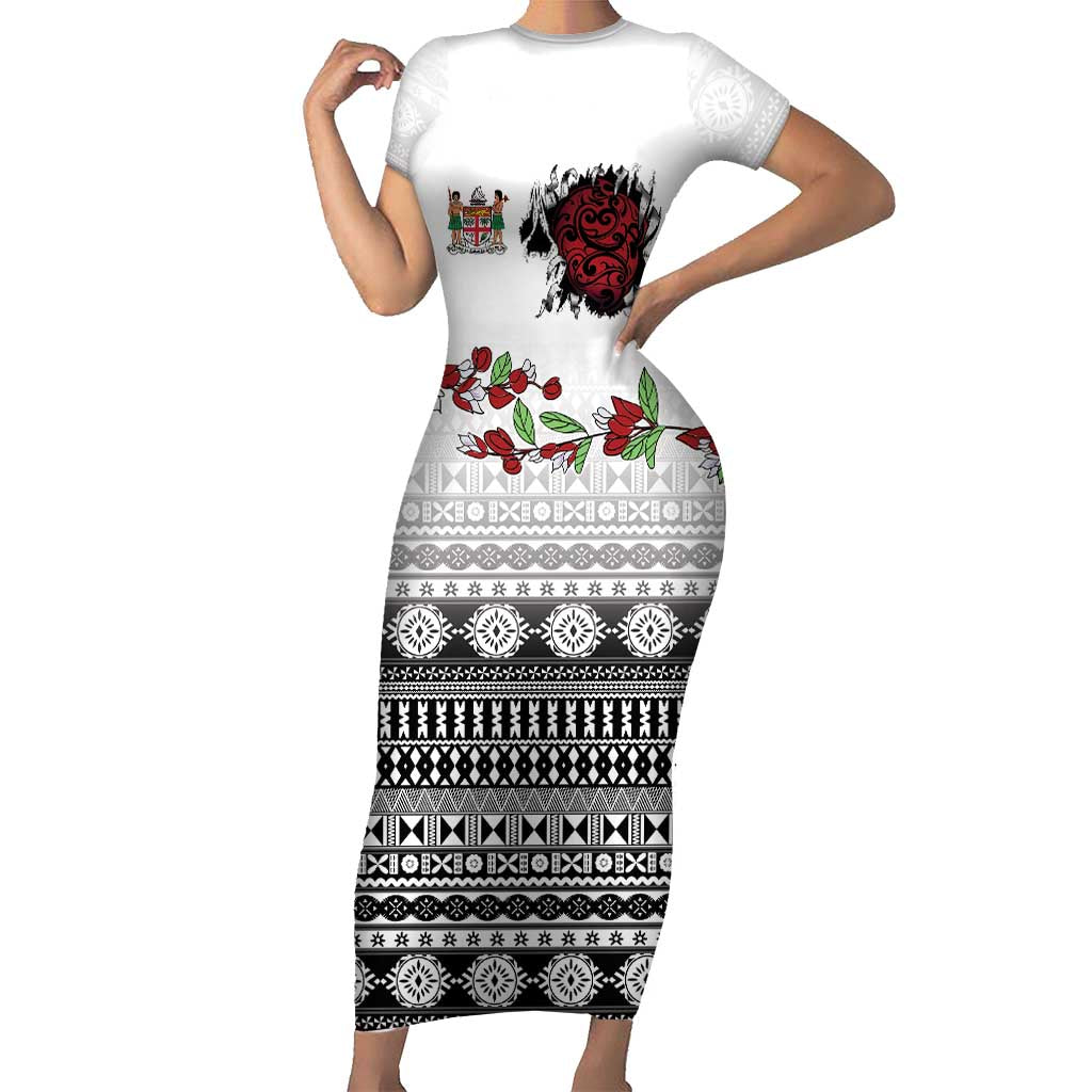 Fiji Heart Tribal Personalised Family Matching Short Sleeve Bodycon Dress and Hawaiian Shirt Polynesian Patterns LT9 Mom's Dress White - Polynesian Pride