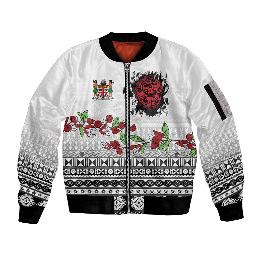Fiji Heart Tribal Personalised Sleeve Zip Bomber Jacket Polynesian Patterns LT9 Unisex White - Polynesian Pride