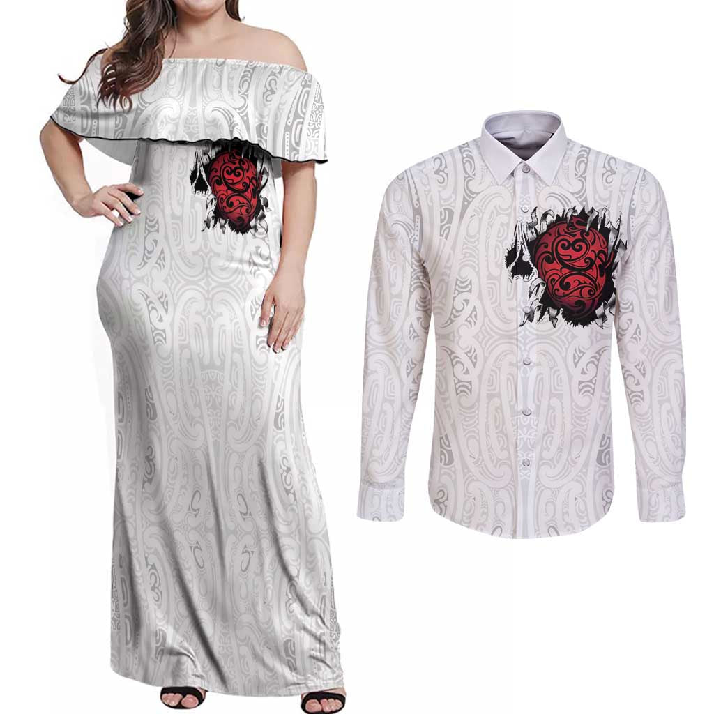New Zealand Maori Heart Tribal Personalised Couples Matching Off Shoulder Maxi Dress and Long Sleeve Button Shirt Polynesian Patterns LT9 White - Polynesian Pride