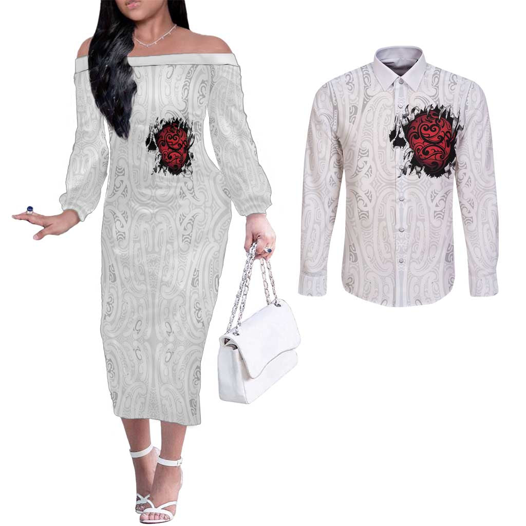 New Zealand Maori Heart Tribal Personalised Couples Matching Off The Shoulder Long Sleeve Dress and Long Sleeve Button Shirt Polynesian Patterns LT9 White - Polynesian Pride