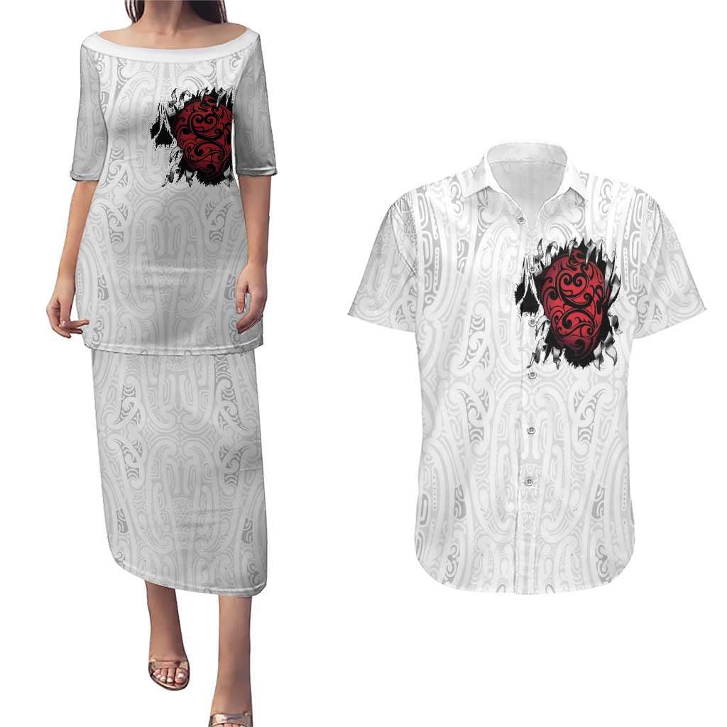 New Zealand Maori Heart Tribal Personalised Couples Matching Puletasi and Hawaiian Shirt Polynesian Patterns LT9 White - Polynesian Pride