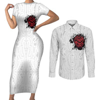 New Zealand Maori Heart Tribal Personalised Couples Matching Short Sleeve Bodycon Dress and Long Sleeve Button Shirt Polynesian Patterns LT9 White - Polynesian Pride