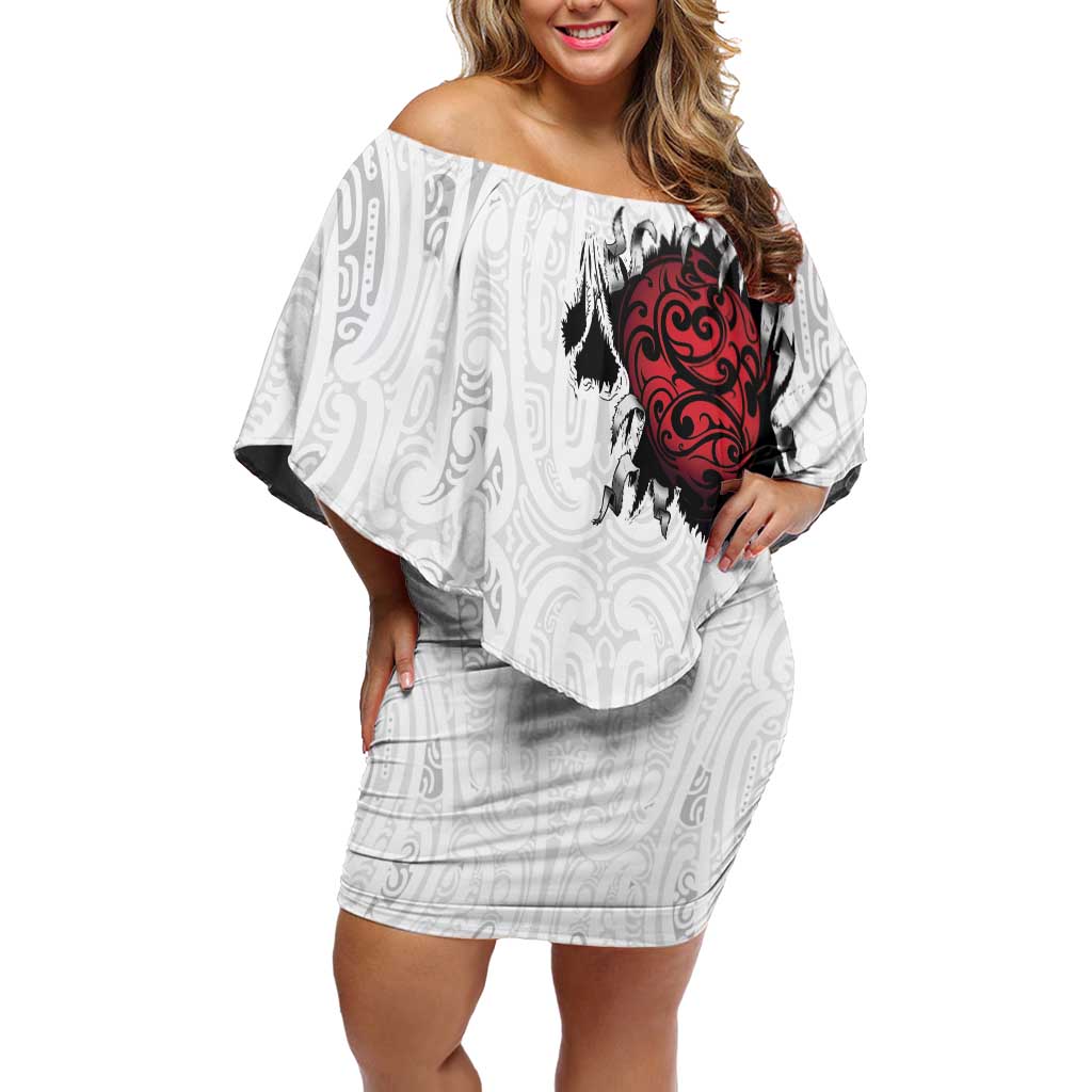 New Zealand Maori Heart Tribal Personalised Family Matching Off Shoulder Short Dress and Hawaiian Shirt Polynesian Patterns LT9 Mom's Dress White - Polynesian Pride