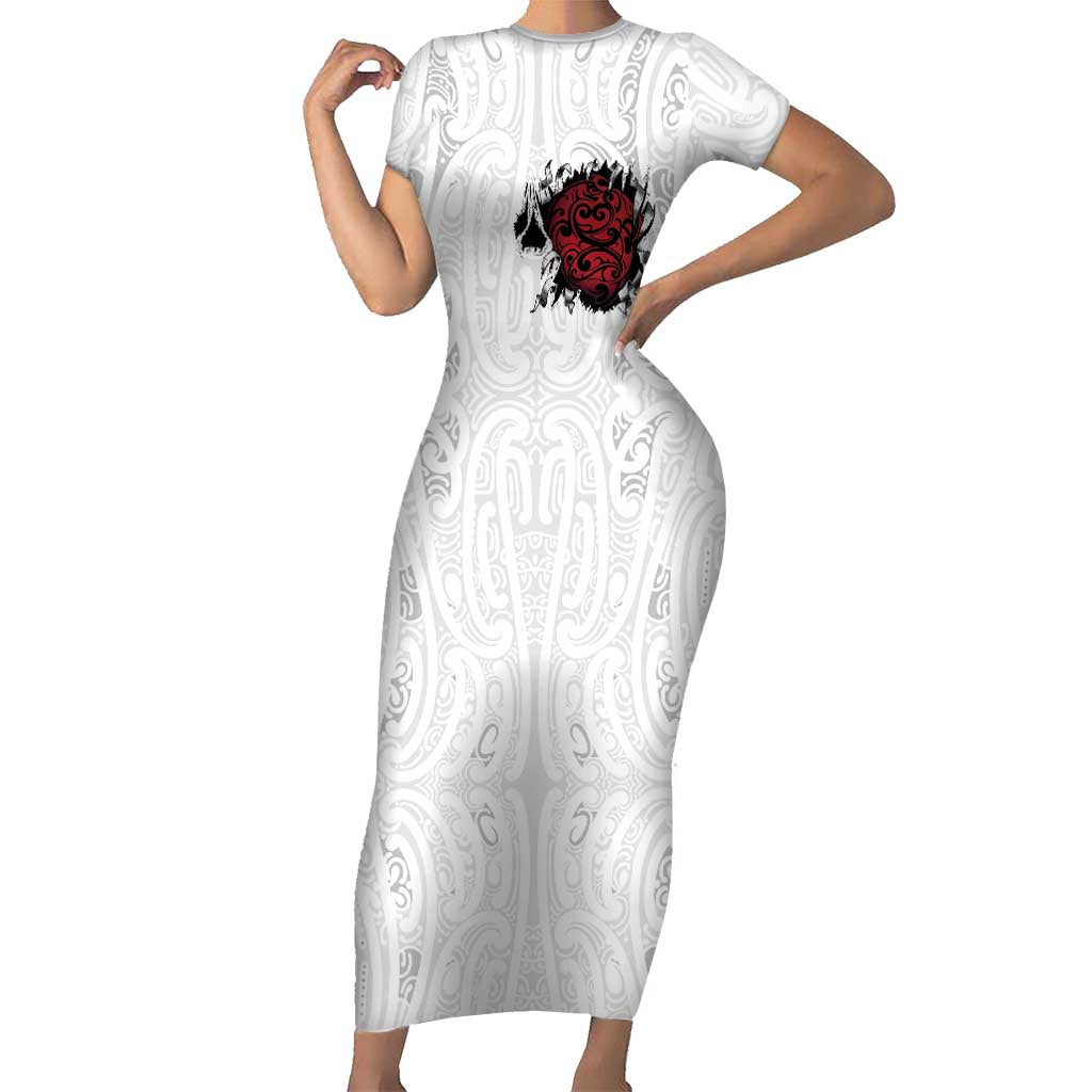 New Zealand Maori Heart Tribal Personalised Short Sleeve Bodycon Dress Polynesian Patterns LT9 Long Dress White - Polynesian Pride