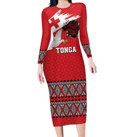Tonga Heart Tribal Personalised Family Matching Long Sleeve Bodycon Dress and Hawaiian Shirt Polynesian Patterns LT9 Mom's Dress Red - Polynesian Pride