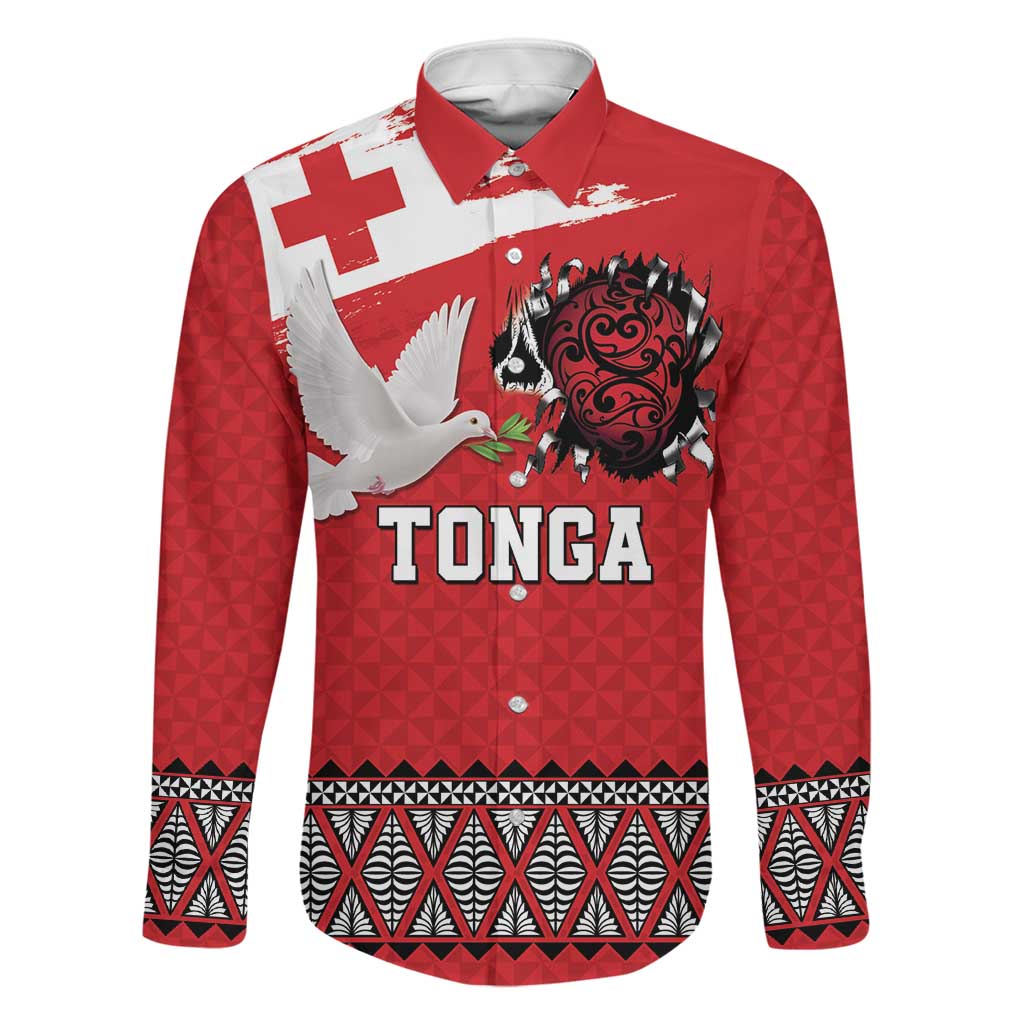 Tonga Heart Tribal Personalised Family Matching Off Shoulder Maxi Dress and Hawaiian Shirt Polynesian Patterns LT9 Dad's Shirt - Long Sleeve Red - Polynesian Pride