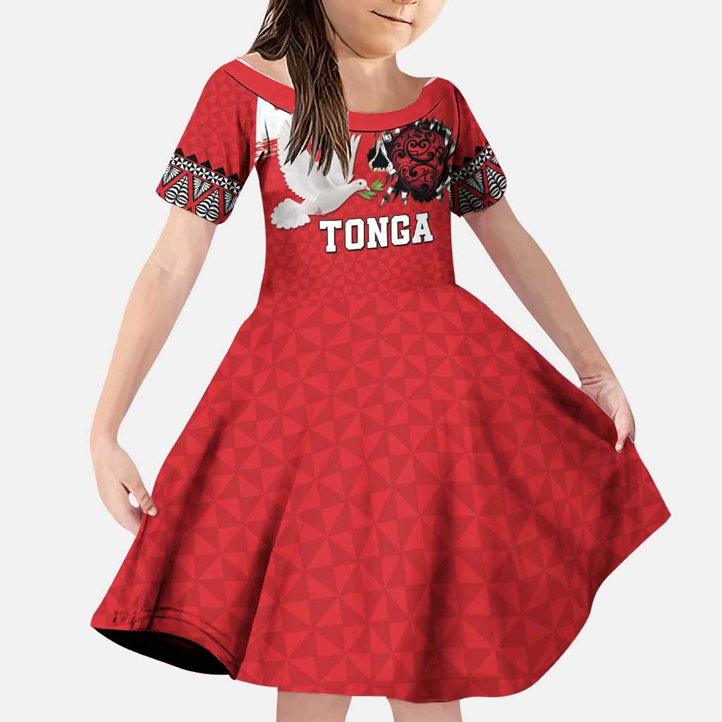 Tonga Heart Tribal Personalised Family Matching Short Sleeve Bodycon Dress and Hawaiian Shirt Polynesian Patterns LT9 Daughter's Dress Red - Polynesian Pride