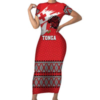 Tonga Heart Tribal Personalised Family Matching Short Sleeve Bodycon Dress and Hawaiian Shirt Polynesian Patterns LT9 Mom's Dress Red - Polynesian Pride