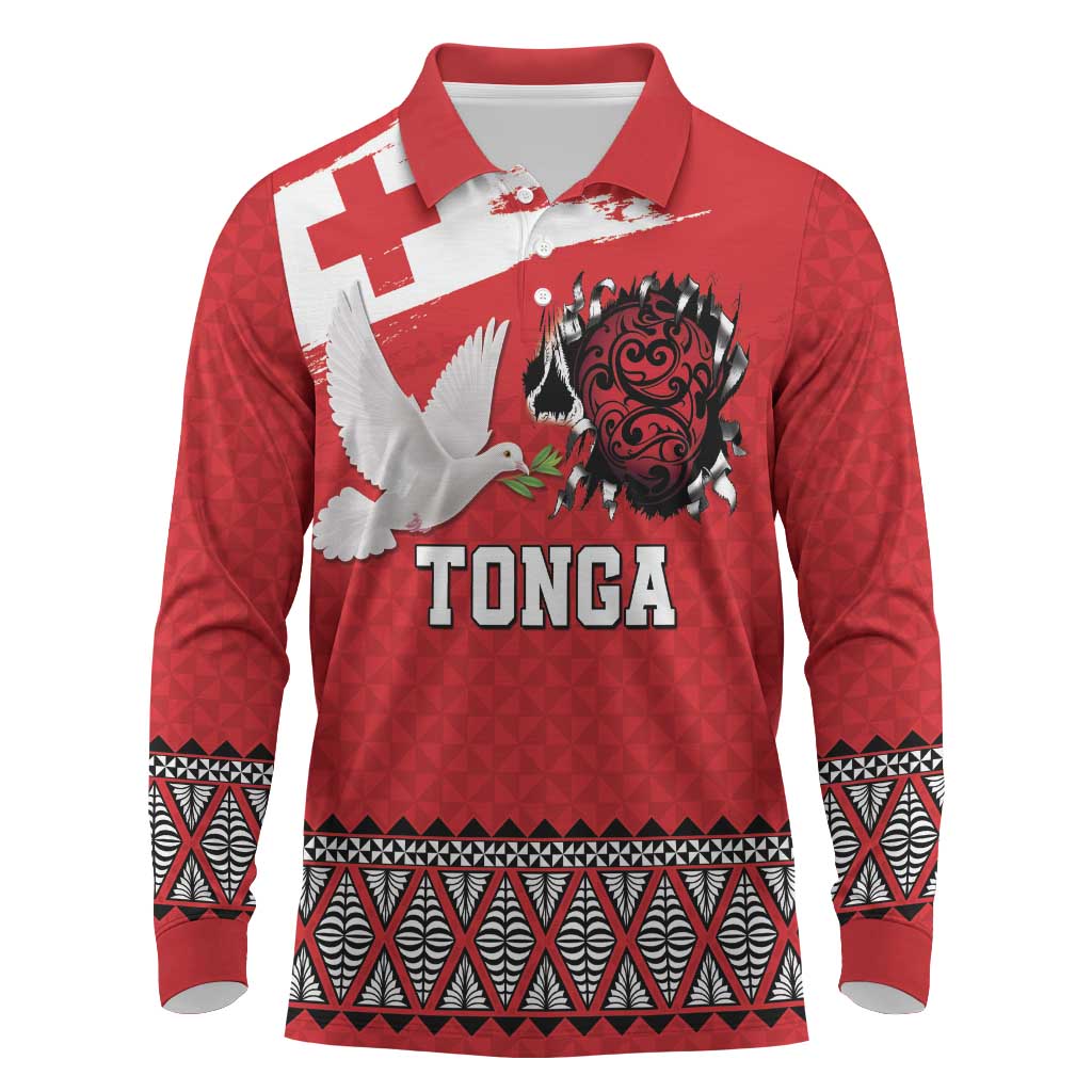 Tonga Heart Tribal Personalised Long Sleeve Polo Shirt Polynesian Patterns LT9 Red - Polynesian Pride