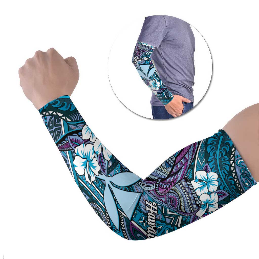 Personalised Hawaii Tribal Humpback Whale Arm Sleeves Polu Hibiscus Seamless Pattern LT9 Set of 2 Blue - Polynesian Pride