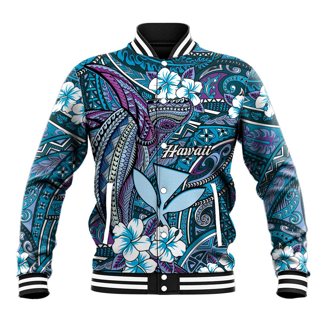 Personalised Hawaii Tribal Humpback Whale Baseball Jacket Polu Hibiscus Seamless Pattern