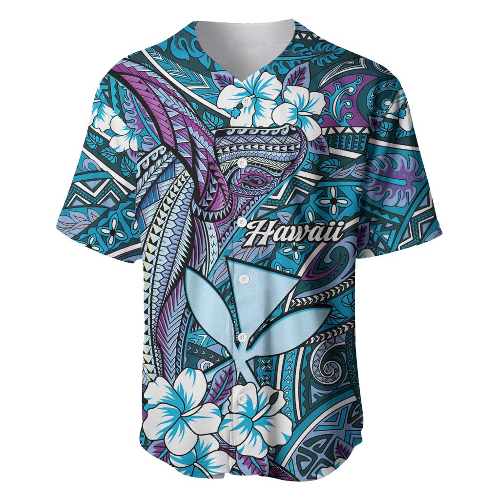 Personalised Hawaii Tribal Humpback Whale Baseball Jersey Polu Hibiscus Seamless Pattern