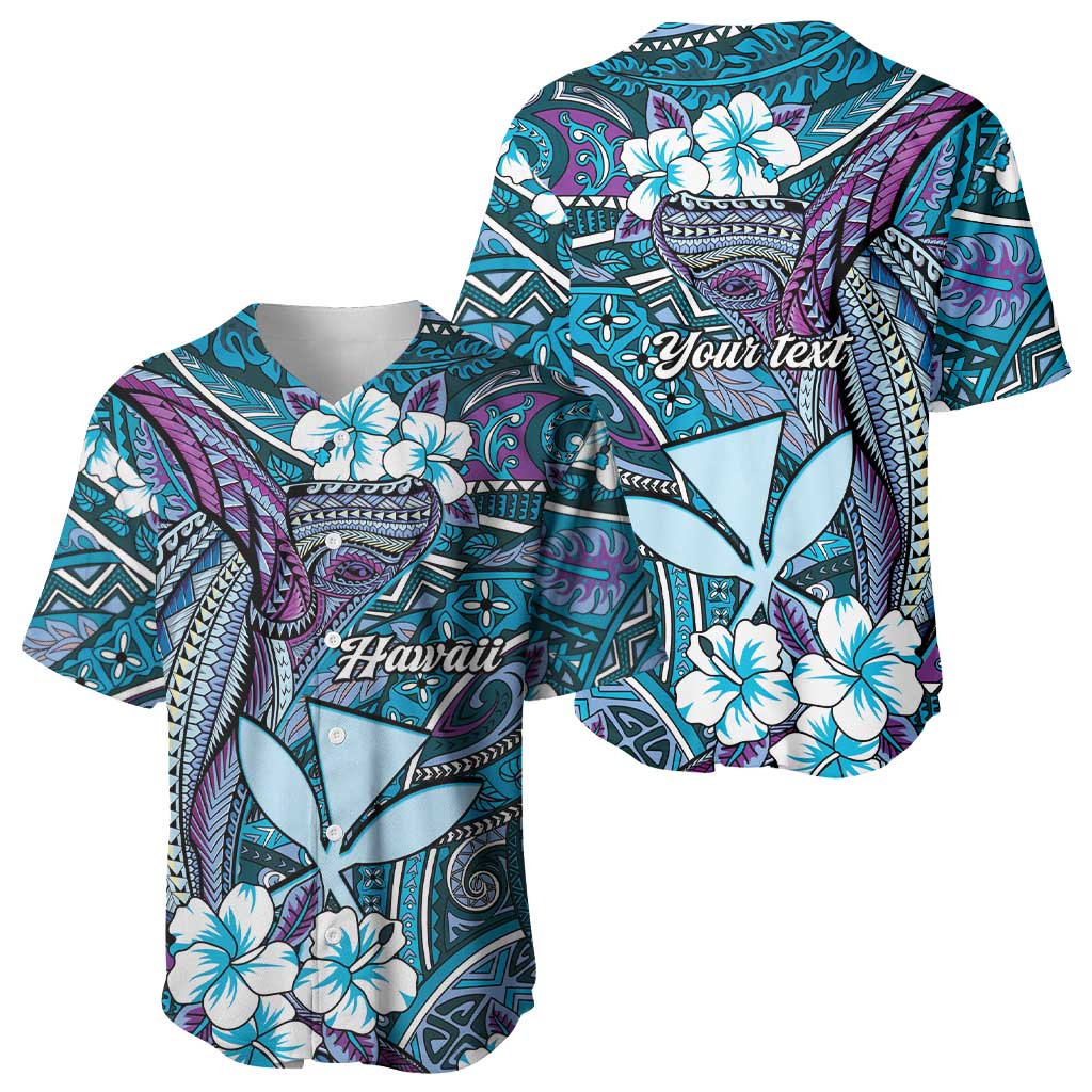 Personalised Hawaii Tribal Humpback Whale Baseball Jersey Polu Hibiscus Seamless Pattern