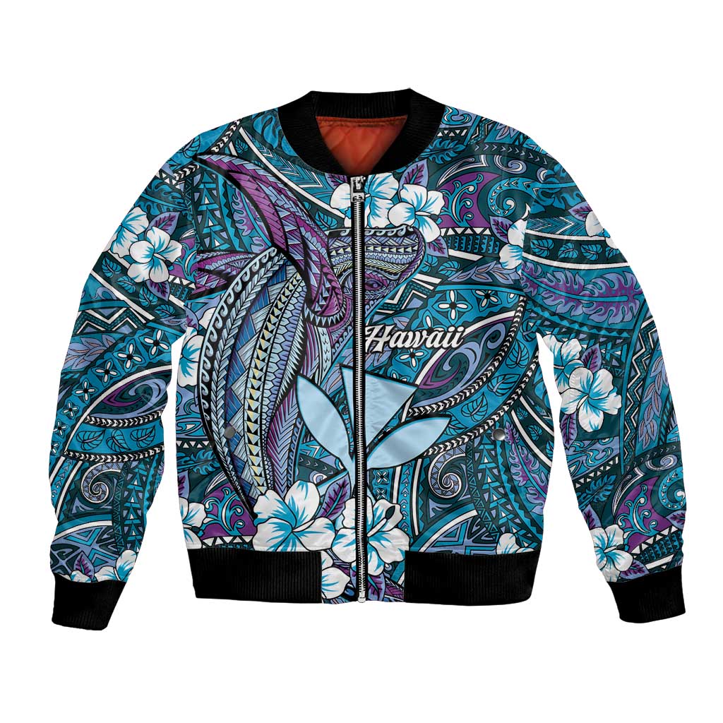 Personalised Hawaii Tribal Humpback Whale Bomber Jacket Polu Hibiscus Seamless Pattern