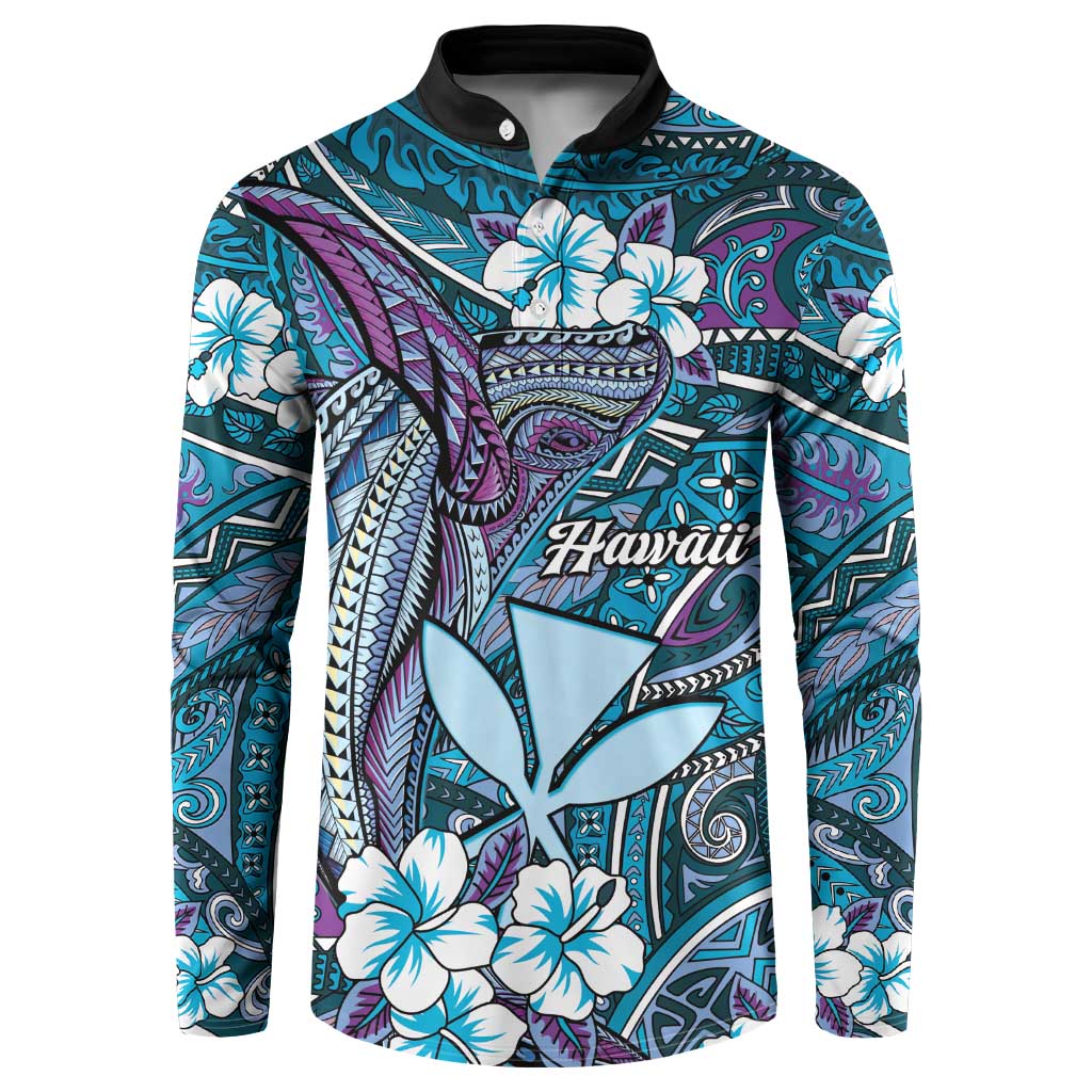 Personalised Hawaii Tribal Humpback Whale Button Sweatshirt Polu Hibiscus Seamless Pattern