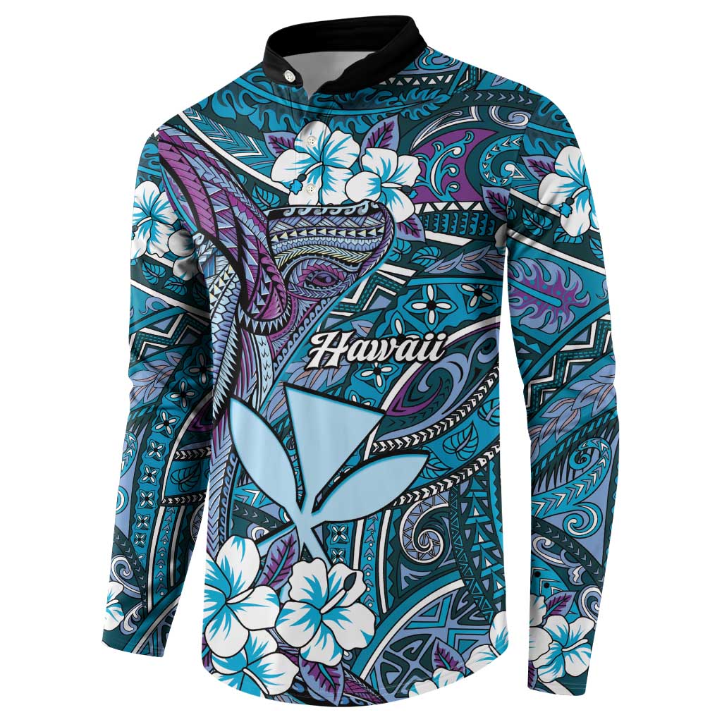 Personalised Hawaii Tribal Humpback Whale Button Sweatshirt Polu Hibiscus Seamless Pattern