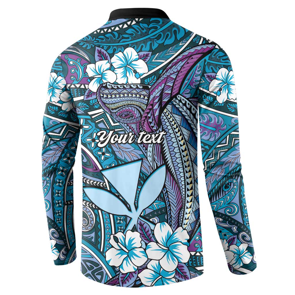 Personalised Hawaii Tribal Humpback Whale Button Sweatshirt Polu Hibiscus Seamless Pattern