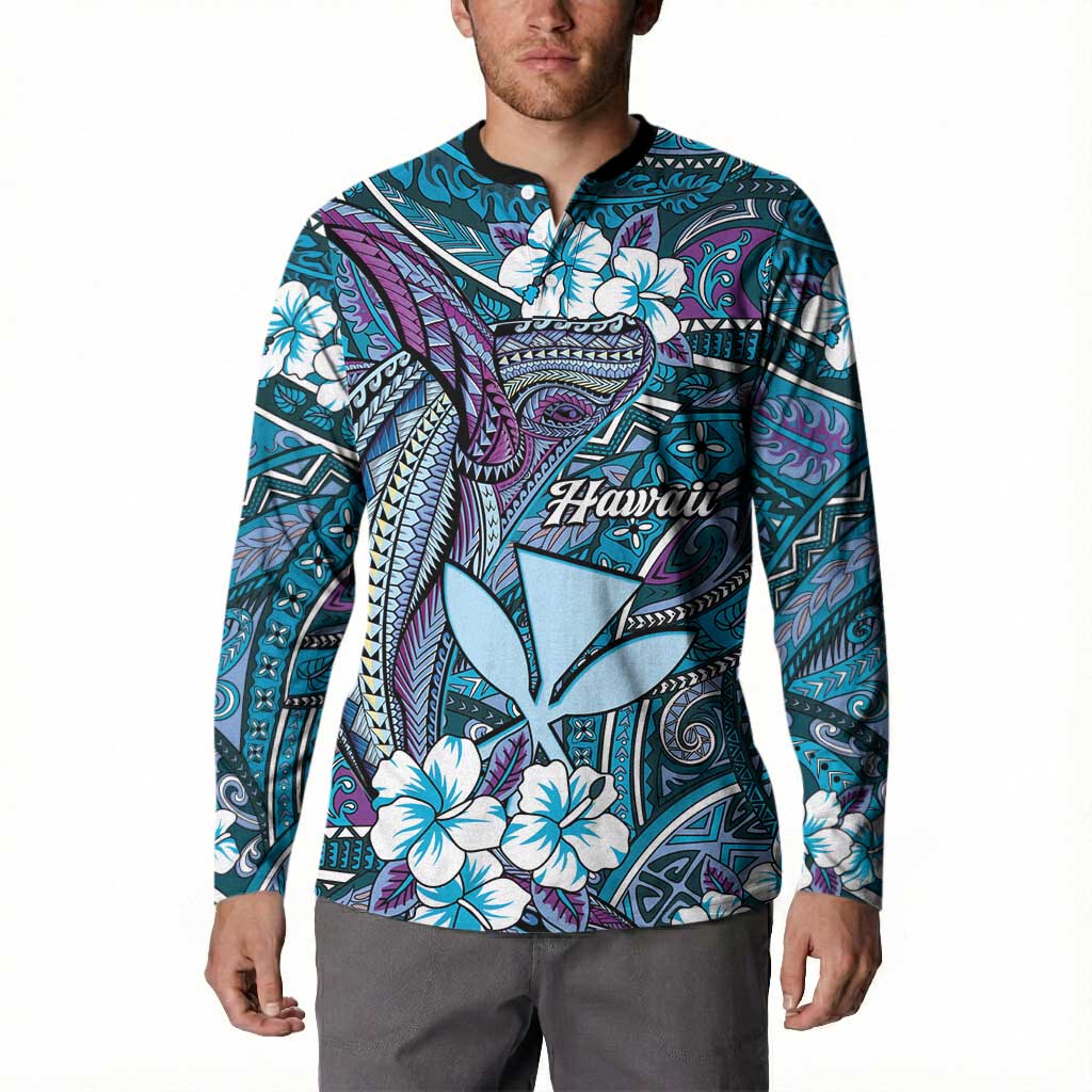 Personalised Hawaii Tribal Humpback Whale Button Sweatshirt Polu Hibiscus Seamless Pattern