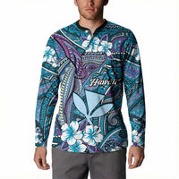Personalised Hawaii Tribal Humpback Whale Button Sweatshirt Polu Hibiscus Seamless Pattern