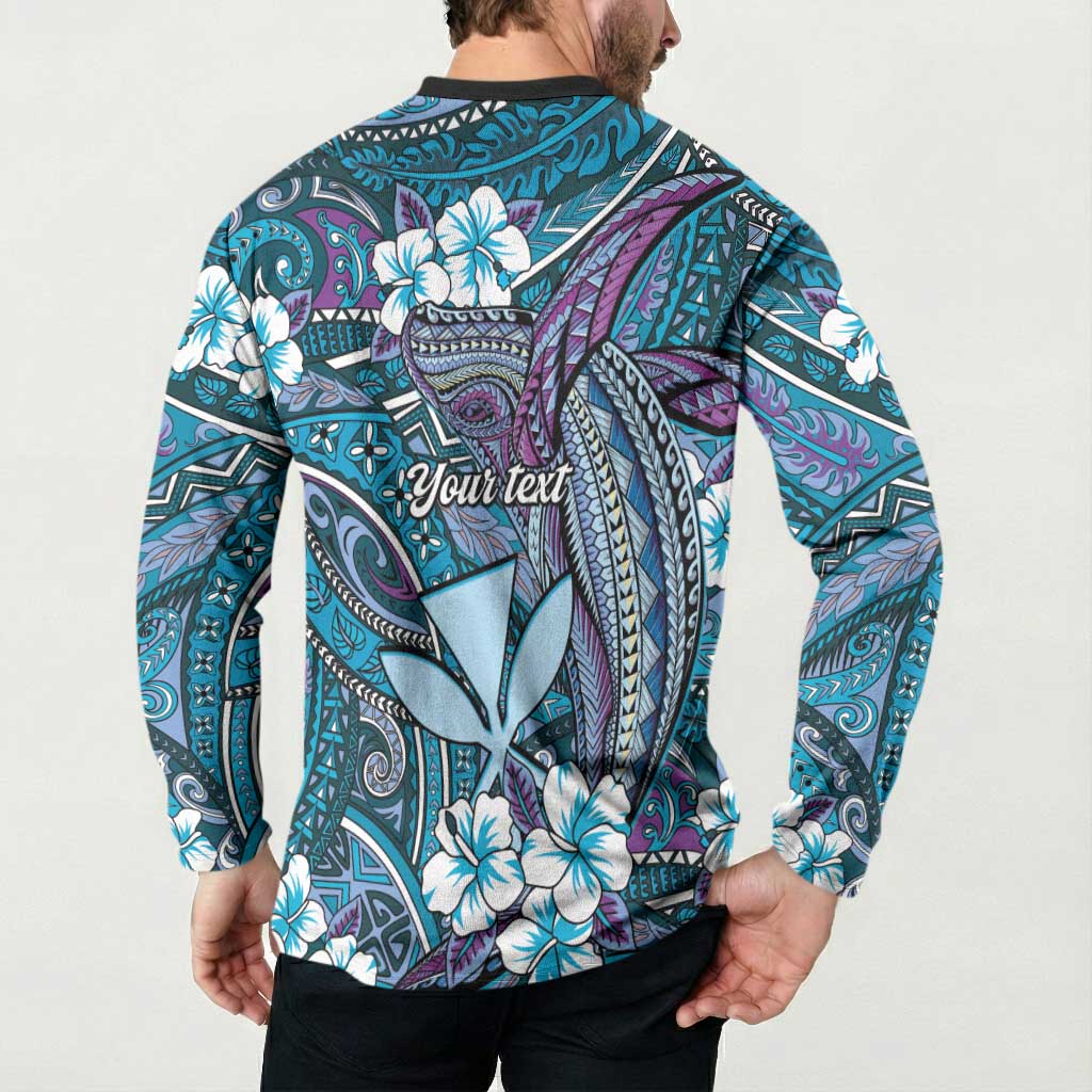 Personalised Hawaii Tribal Humpback Whale Button Sweatshirt Polu Hibiscus Seamless Pattern