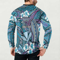 Personalised Hawaii Tribal Humpback Whale Button Sweatshirt Polu Hibiscus Seamless Pattern