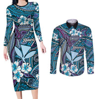 Personalised Hawaii Tribal Humpback Whale Couples Matching Long Sleeve Bodycon Dress and Long Sleeve Button Shirt Polu Hibiscus Seamless Pattern