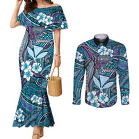Personalised Hawaii Tribal Humpback Whale Couples Matching Mermaid Dress and Long Sleeve Button Shirt Polu Hibiscus Seamless Pattern LT9 Blue - Polynesian Pride