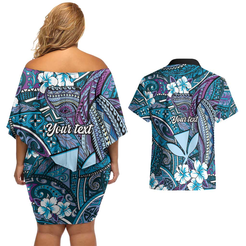 Personalised Hawaii Tribal Humpback Whale Couples Matching Off Shoulder Short Dress and Hawaiian Shirt Polu Hibiscus Seamless Pattern LT9 - Polynesian Pride