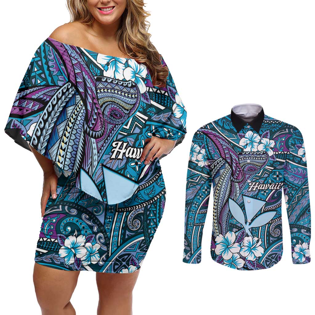 Personalised Hawaii Tribal Humpback Whale Couples Matching Off Shoulder Short Dress and Long Sleeve Button Shirt Polu Hibiscus Seamless Pattern LT9 Blue - Polynesian Pride