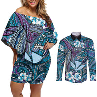 Personalised Hawaii Tribal Humpback Whale Couples Matching Off Shoulder Short Dress and Long Sleeve Button Shirt Polu Hibiscus Seamless Pattern LT9 Blue - Polynesian Pride
