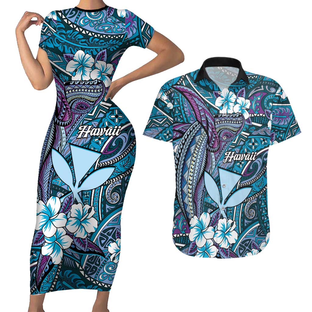 Personalised Hawaii Tribal Humpback Whale Couples Matching Short Sleeve Bodycon Dress and Hawaiian Shirt Polu Hibiscus Seamless Pattern LT9 Blue - Polynesian Pride