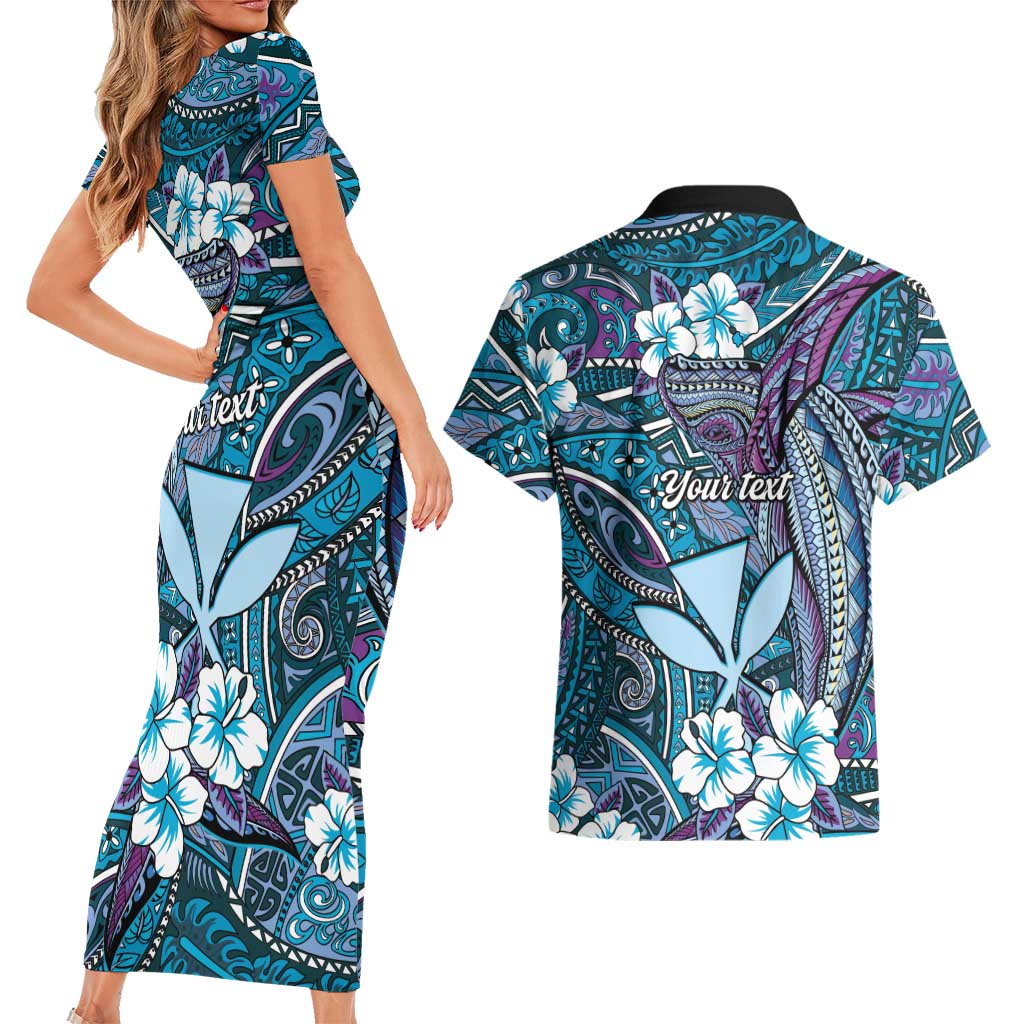 Personalised Hawaii Tribal Humpback Whale Couples Matching Short Sleeve Bodycon Dress and Hawaiian Shirt Polu Hibiscus Seamless Pattern LT9 - Polynesian Pride