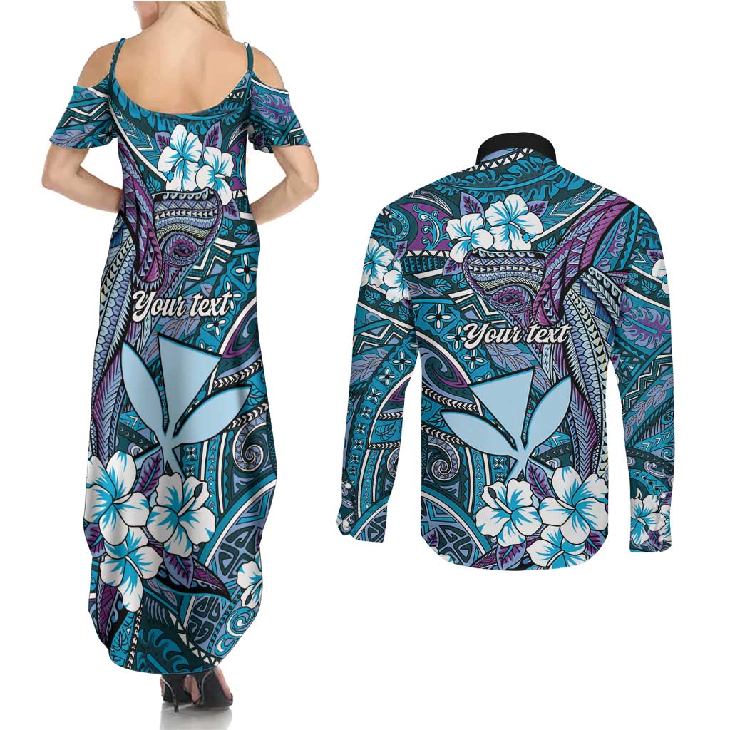 Personalised Hawaii Tribal Humpback Whale Couples Matching Summer Maxi Dress and Long Sleeve Button Shirt Polu Hibiscus Seamless Pattern