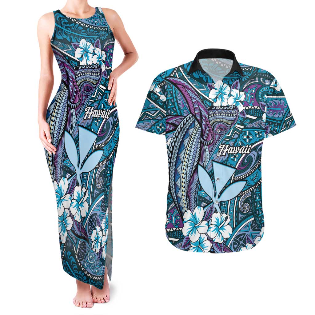 Personalised Hawaii Tribal Humpback Whale Couples Matching Tank Maxi Dress and Hawaiian Shirt Polu Hibiscus Seamless Pattern LT9 Blue - Polynesian Pride