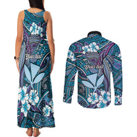 Personalised Hawaii Tribal Humpback Whale Couples Matching Tank Maxi Dress and Long Sleeve Button Shirt Polu Hibiscus Seamless Pattern LT9 - Polynesian Pride