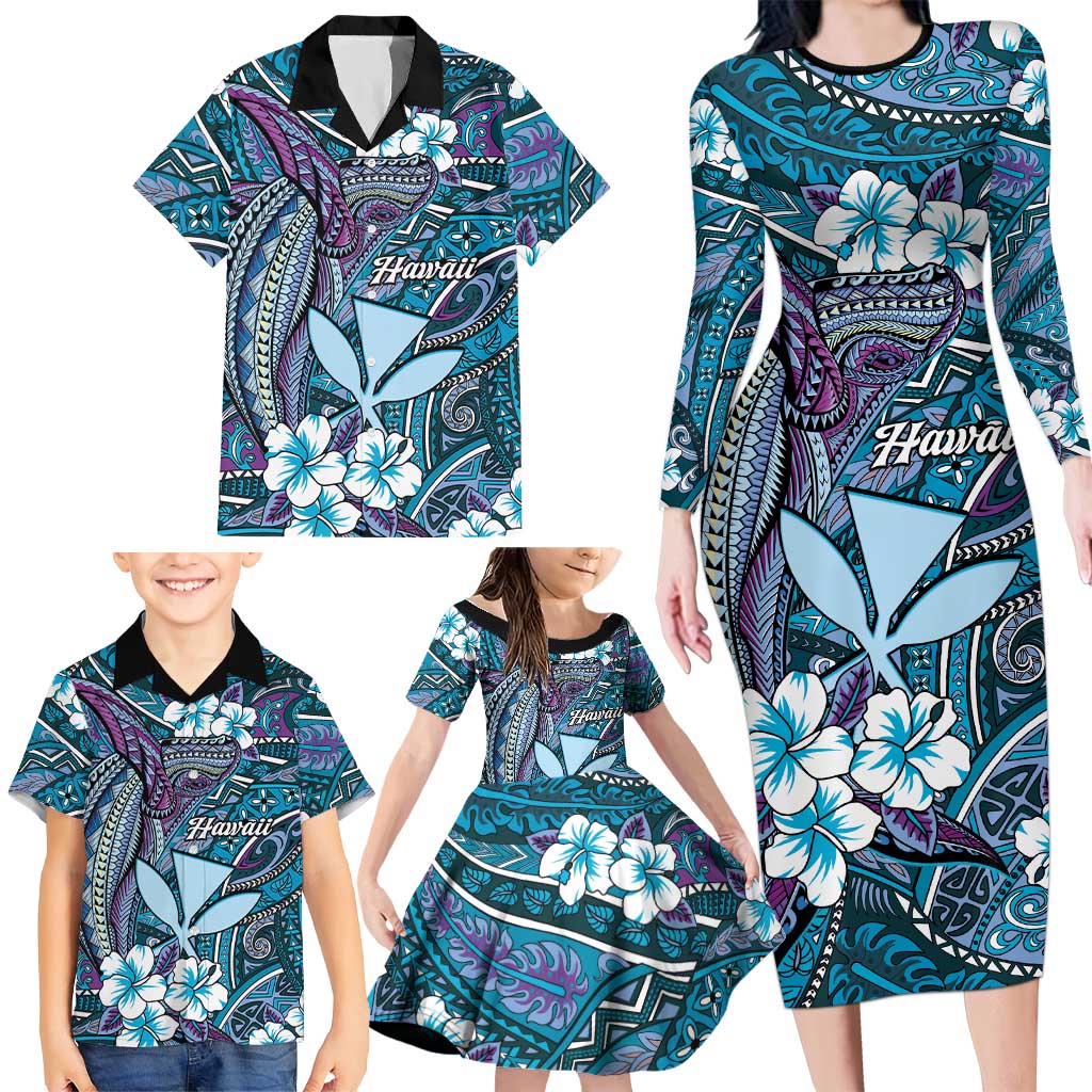 Personalised Hawaii Tribal Humpback Whale Family Matching Long Sleeve Bodycon Dress and Hawaiian Shirt Polu Hibiscus Seamless Pattern