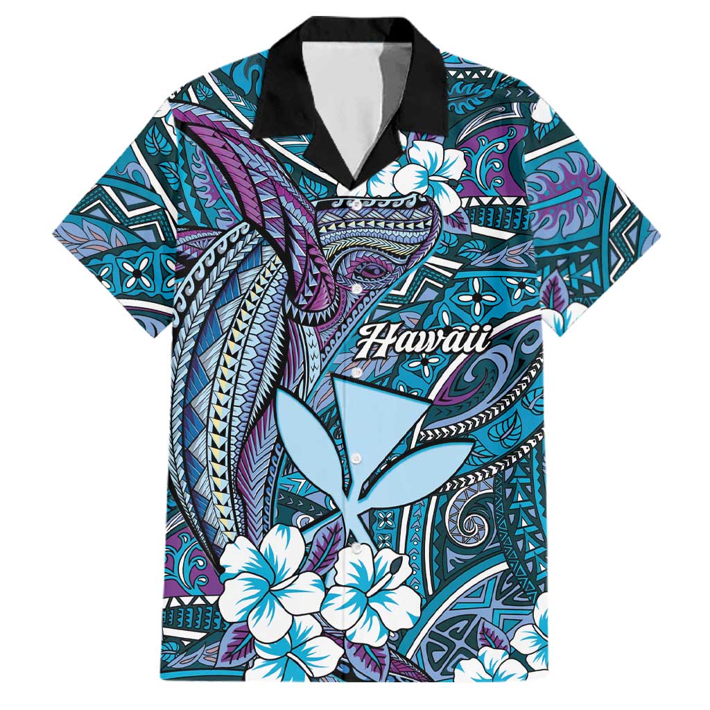 Personalised Hawaii Tribal Humpback Whale Family Matching Long Sleeve Bodycon Dress and Hawaiian Shirt Polu Hibiscus Seamless Pattern