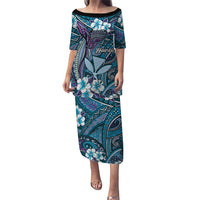 Personalised Hawaii Tribal Humpback Whale Family Matching Puletasi and Hawaiian Shirt Polu Hibiscus Seamless Pattern LT9 Mom's Dress Blue - Polynesian Pride
