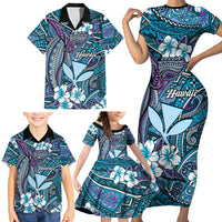 Personalised Hawaii Tribal Humpback Whale Family Matching Short Sleeve Bodycon Dress and Hawaiian Shirt Polu Hibiscus Seamless Pattern