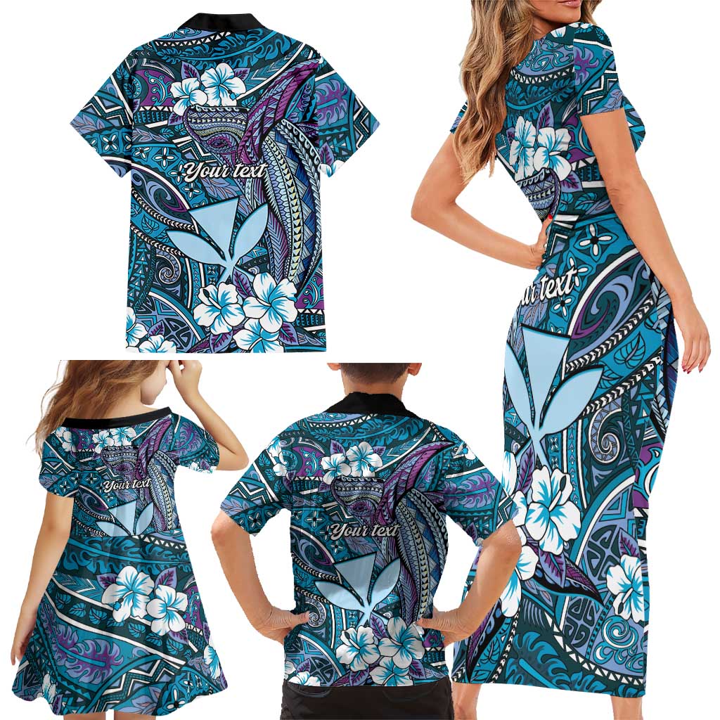 Personalised Hawaii Tribal Humpback Whale Family Matching Short Sleeve Bodycon Dress and Hawaiian Shirt Polu Hibiscus Seamless Pattern