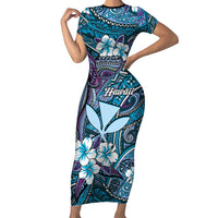 Personalised Hawaii Tribal Humpback Whale Family Matching Short Sleeve Bodycon Dress and Hawaiian Shirt Polu Hibiscus Seamless Pattern