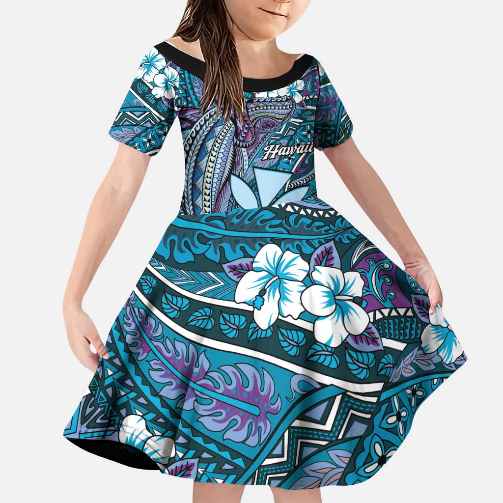Personalised Hawaii Tribal Humpback Whale Family Matching Summer Maxi Dress and Hawaiian Shirt Polu Hibiscus Seamless Pattern LT9 Daughter's Dress Blue - Polynesian Pride