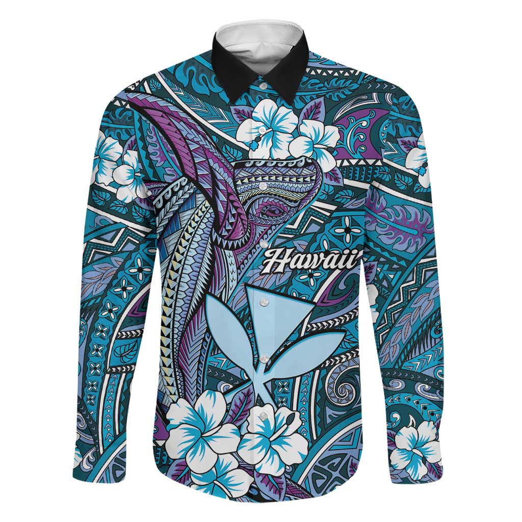 Personalised Hawaii Tribal Humpback Whale Family Matching Summer Maxi Dress and Hawaiian Shirt Polu Hibiscus Seamless Pattern LT9 Dad's Shirt - Long Sleeve Blue - Polynesian Pride