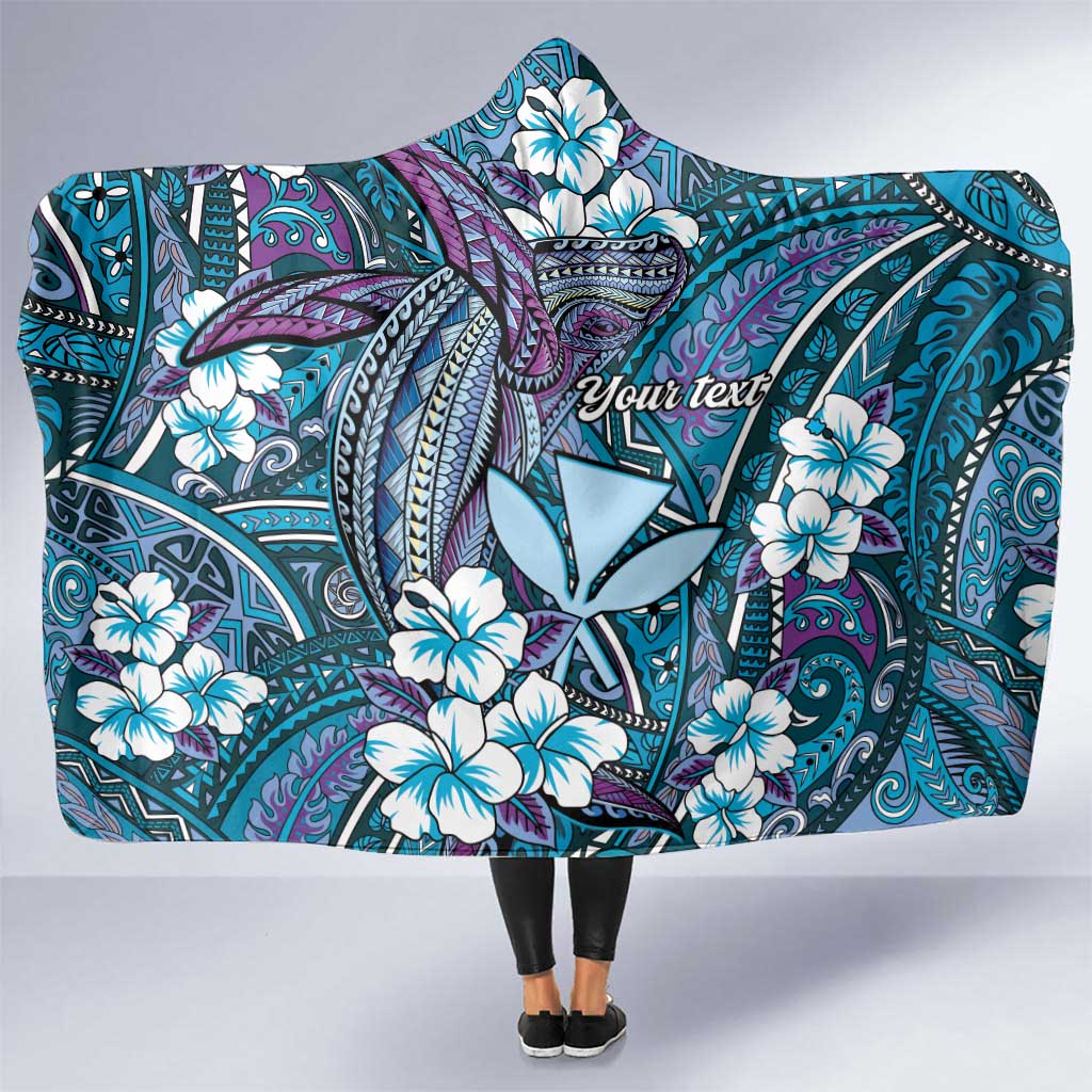 Personalised Hawaii Tribal Humpback Whale Hooded Blanket Polu Hibiscus Seamless Pattern