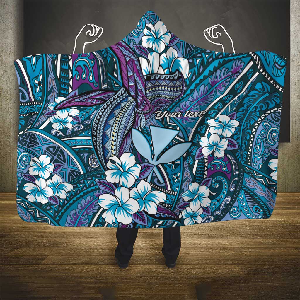 Personalised Hawaii Tribal Humpback Whale Hooded Blanket Polu Hibiscus Seamless Pattern