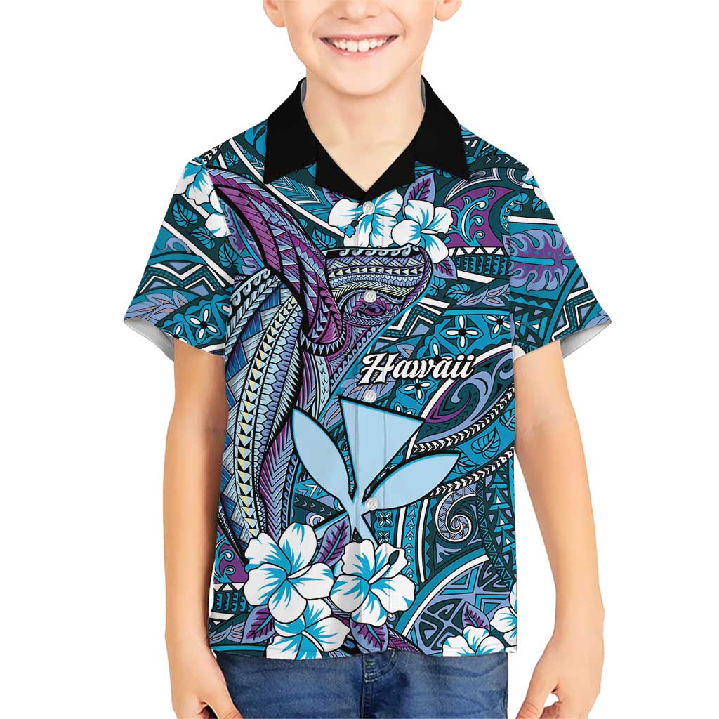 Personalised Hawaii Tribal Humpback Whale Kid Hawaiian Shirt Polu Hibiscus Seamless Pattern LT9 Kid Blue - Polynesian Pride