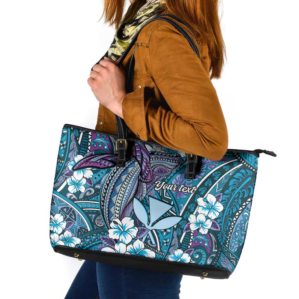 Personalised Hawaii Tribal Humpback Whale Leather Tote Bag Polu Hibiscus Seamless Pattern LT9 Blue - Polynesian Pride